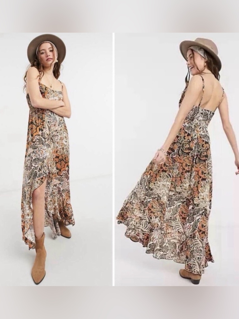 Free People Forever Yours Smocked Slip High-Low Maxi Dress in Brown and Cream